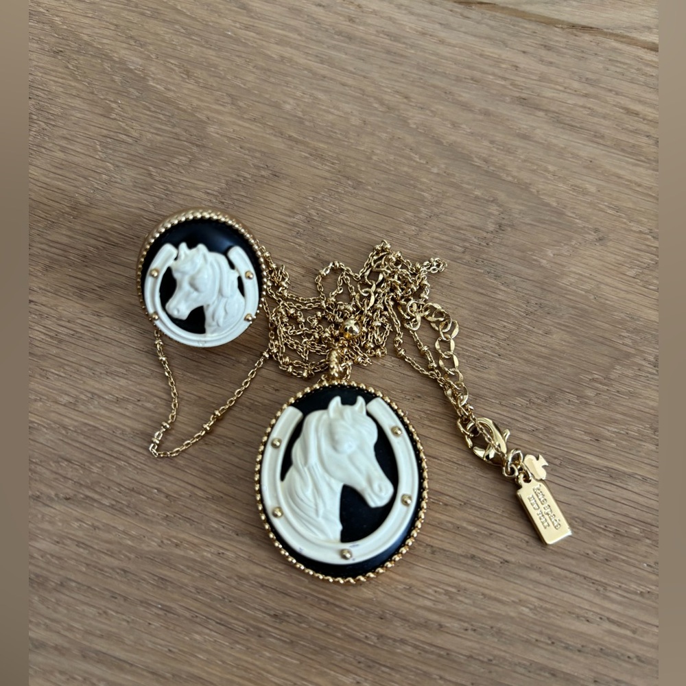 Kate Spade Gold and Black Horse Cameo Necklace and Ring Set